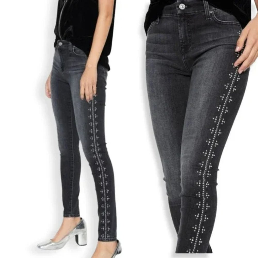 7 For All Mankind Faded Black Mid Rise Skinny Jean with Studs In Vintage Noir 27